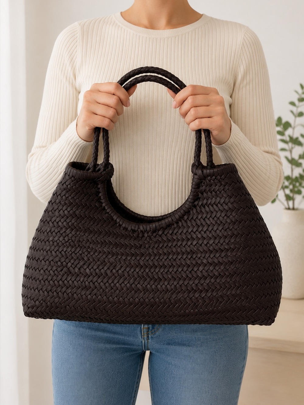 MNG Mango Limited Edition Brown Woven Leather Hobo Shoulder Bag Boho - Picture 9 of 16